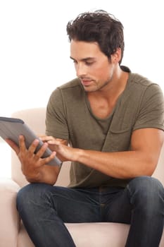 Search, relax and tablet with man on sofa for online, social media and connection. Streaming, digital and technology with person in living room at home for networking, communication and contact.