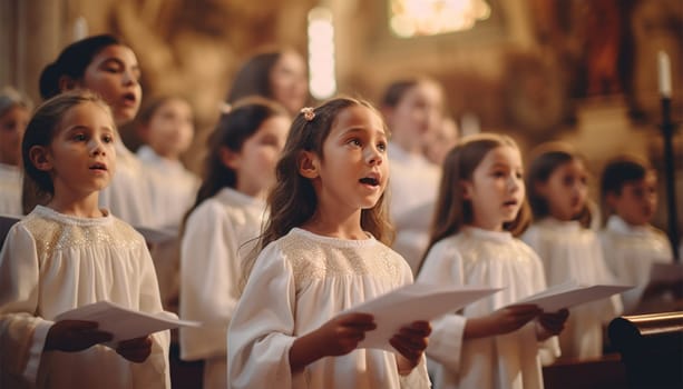 children's choir singing in church, wearing traditional choir clothes. Kids singing in catholic church with sunlight through window performance