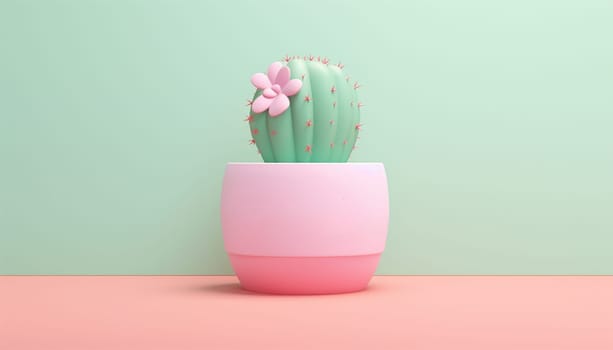 Cactus 3d illustration pastel colors. green Cactus in pink pot colored on green pink background. Fashion, minimalism. Contemporary Art gallery Style. Creative cacti concept. Trendy tropical cactus plant, pastel color cute copy space