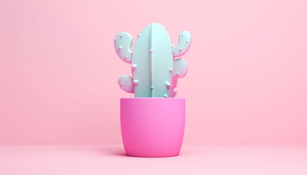 Cactus 3d illustration pastel colors. green Cactus in pink pot colored on green pink background. Fashion, minimalism. Contemporary Art gallery Style. Creative cacti concept. Trendy tropical cactus plant, pastel color cute copy space