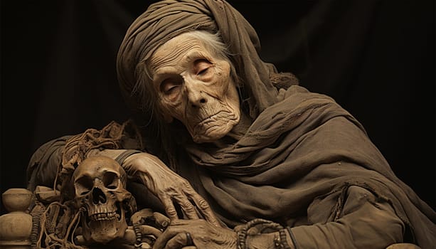 Ancient skeleton of woman in tomb Egypt. Archaeological excavations of an ancient human homo sapiens man reasonable Neanderthal bones skeleton and human skull close-up skeleton