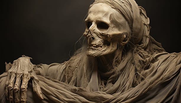 Ancient skeleton of woman in tomb Egypt. Archaeological excavations of an ancient human homo sapiens man reasonable Neanderthal bones skeleton and human skull close-up skeleton