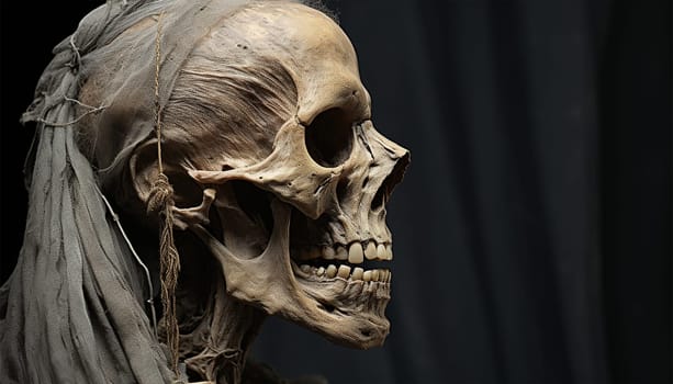 Ancient skeleton of woman in tomb Egypt. Archaeological excavations of an ancient human homo sapiens man reasonable Neanderthal bones skeleton and human skull close-up skeleton