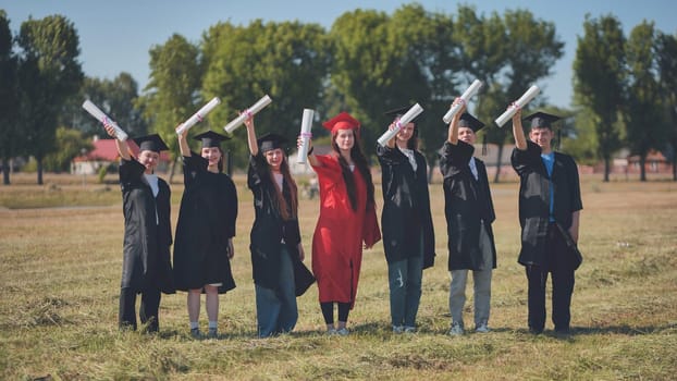 group of multiracial graduates holding diploma