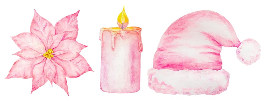 Pink burning wax candle, poinsettia, Santa hat. Hand drawn watercolor illustration. Good for event, Christmas and Happy New Year prints and decorations, invitations, cards, wedding designs