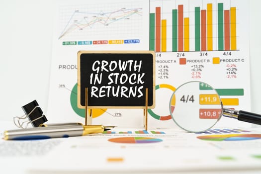 Business concept. Against the background of business graphs, a board with the inscription - growth in stock returns