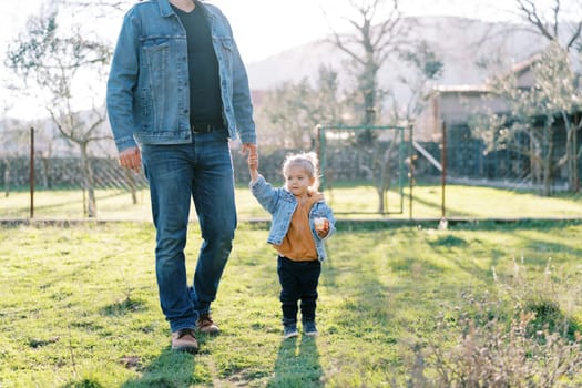 Little girl with an apple stands on a green pasture holding her dad hand. Cropped. High quality photo