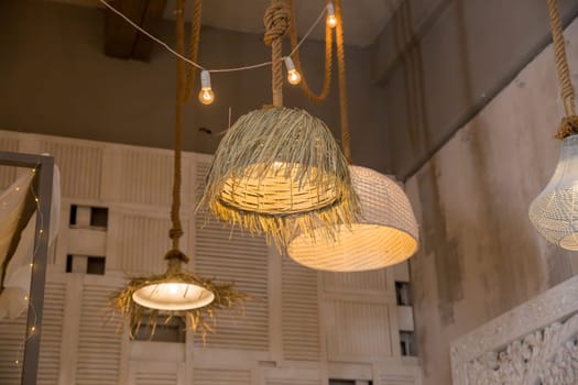 Decorating hanging lantern lamps in wooden wicker made from bamboo