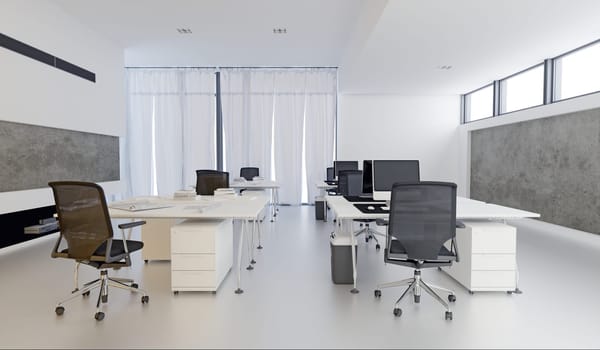 3D interior of bright open office interior space. Render of concept design