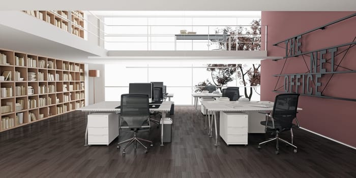 3D interior of bright open office interior space. Render of concept design