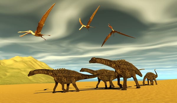 An Ampelosaurus dinosaur herd cross a beach during the Cretaceous Period as Anhanguera Pterosaurs fly overhead.