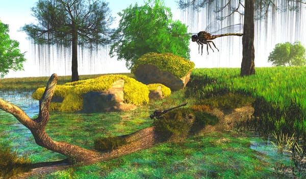 Meganeura dragonflies hover around a pond during the Carboniferous Period.