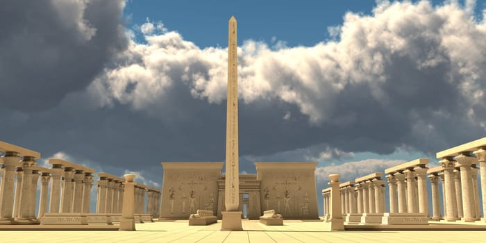 A tall obelisk stands in front of an Egyptian temple in honor of one of the famous pharaohs of history.