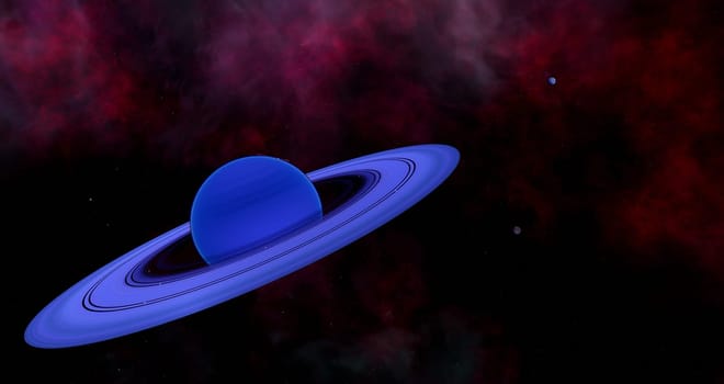 This blue warm neptune planet with a ring and moon system is an exoplanet outside our solar system.