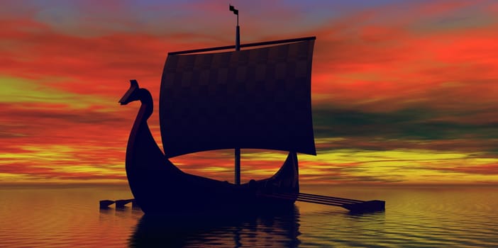 A Viking longboat rows and sails to new shores for trading and discovering new territory.