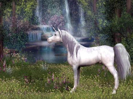 A magical white Unicorn stallion stands in front of a forest pond with waterfalls of gleaming water.