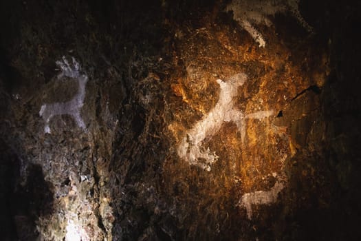 Prehistoric animals drawings on cave wall.