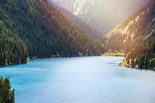 Amazing picturesque view on summer Kolsay lake in Kolsai Koldery gorge near Almaty, nature of Kazakhstan National Park, Central Asia.