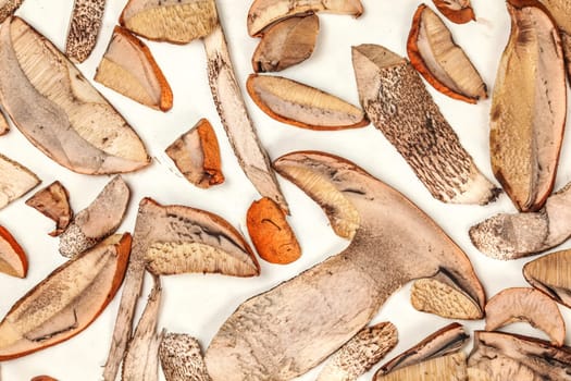 Table top view freshly picked forest mushrooms - orange cup scaber stalk - cut to thin slices, leaved on white paper to dry