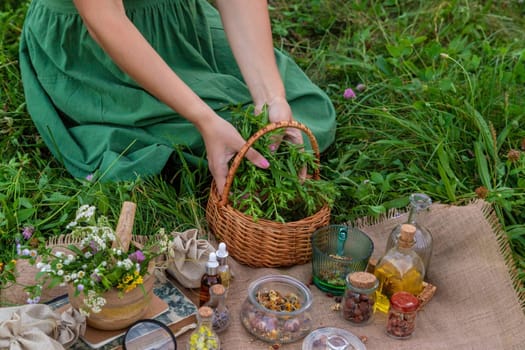 A woman makes herbal tincture. Selective focus. Nature.