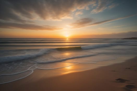 Beautiful sunset on the beach with reflection in the water. Long exposure. ai generative