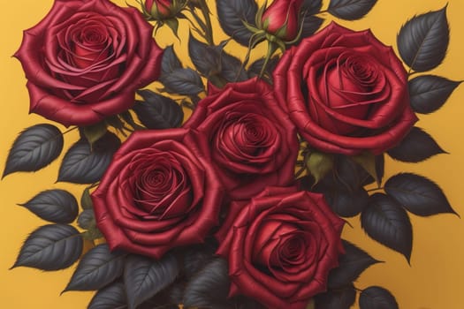 Red roses background. Top view of beautiful red roses with green leaves. ai generative