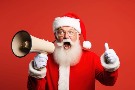 Santa Claus with megaphone on red background. Announcement or advertising of Christmas sales, announcement of winners.