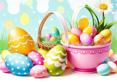 Easter bunny with colorful eggs in nest. ai generative