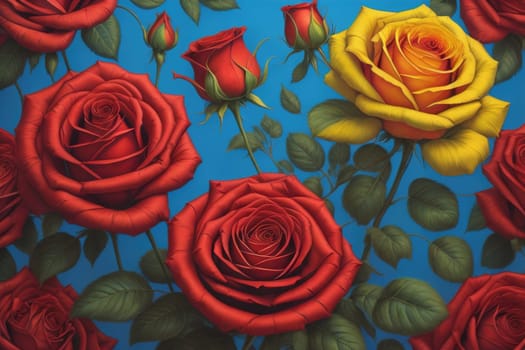 Red roses background. Top view of beautiful red roses with green leaves. ai generative