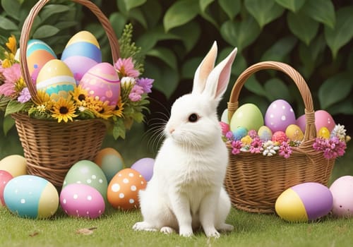 Easter bunny with colorful eggs in nest. ai generative
