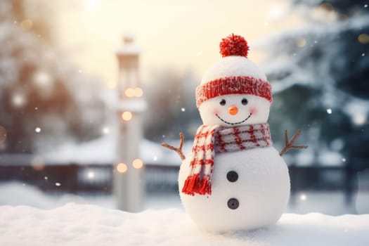 Cute little snowman in knitted hat and scarf standing outside on a winters day. Christmas card, copy space