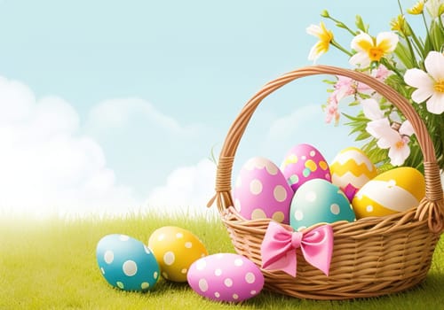 Easter bunny with colorful eggs in nest. ai generative