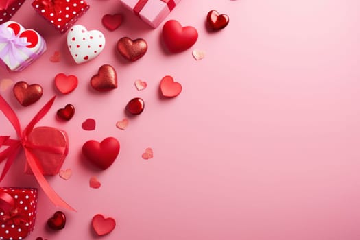A festive background filled with candy, hearts and gift boxes. Background for Valentine's Day