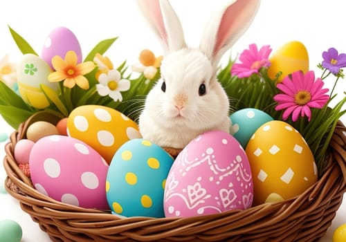 Easter bunny with colorful eggs in nest. ai generative
