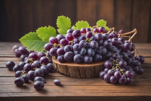 Bunch of fresh grapes on wooden table. Vintage style toned picture. ai generative