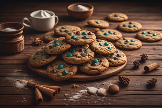 Cookies on a wooden table. Top view. ai generative