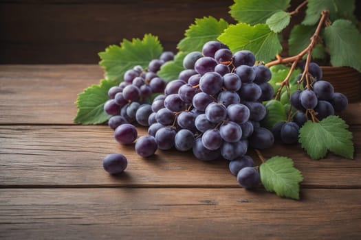 Bunch of fresh grapes on wooden table. Vintage style toned picture. ai generative