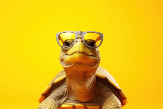 Cute turtle wearing sunglasses on yellow background.