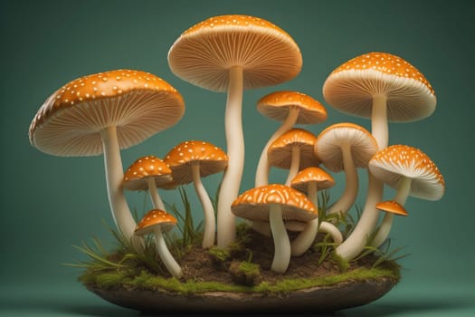 Mushrooms on a solid color background with green moss and water drops. generative ai