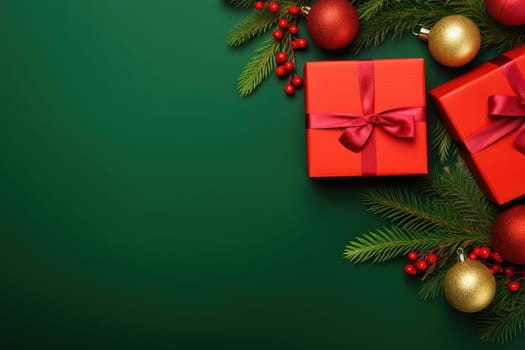 Christmas balls, presents, pine branches and cones on green background with copy space. Top view, flat lay