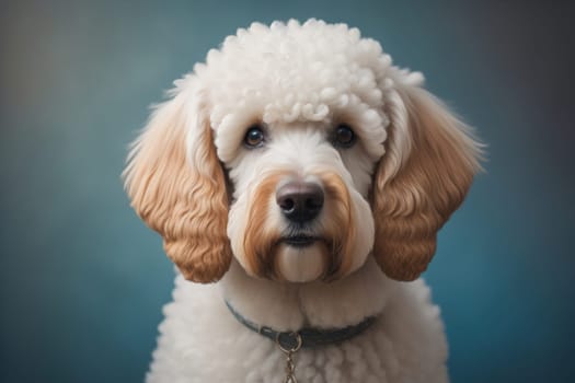 Close-up portrait of a poodle dog on a solid color background. ai generative