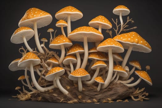Mushrooms on a solid color background with green moss and water drops. generative ai