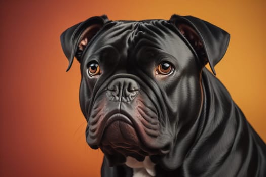 Close up portrait of a cute black dog on a orange background. ai generative