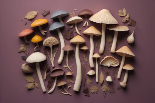 Mushrooms on a solid color background with green moss and water drops. generative ai