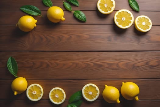 Lemon and slice of lemon on wooden background. Top view. ai generative