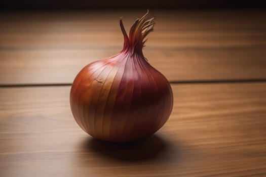 Three onions on a wooden table in front of a solid color background. ai generative