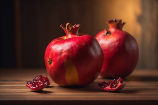 Ripe pomegranate fruit on a wooden background. Still life. ai generative