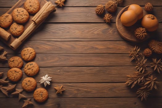 Cookies on a wooden table. Top view. ai generative