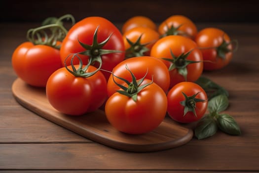 Tomatoes on a wooden table on a dark background. ai generative
