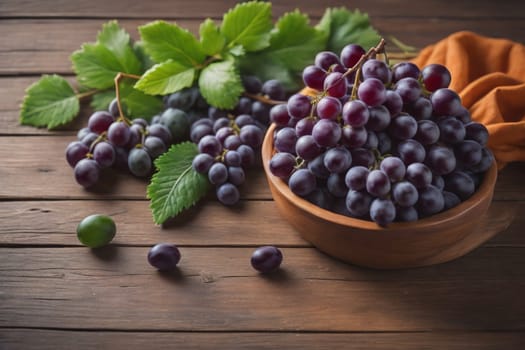 Bunch of fresh grapes on wooden table. Vintage style toned picture. ai generative